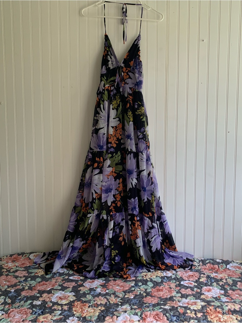 Promesa Black Maxi Dress with Purple and Green Floral Print